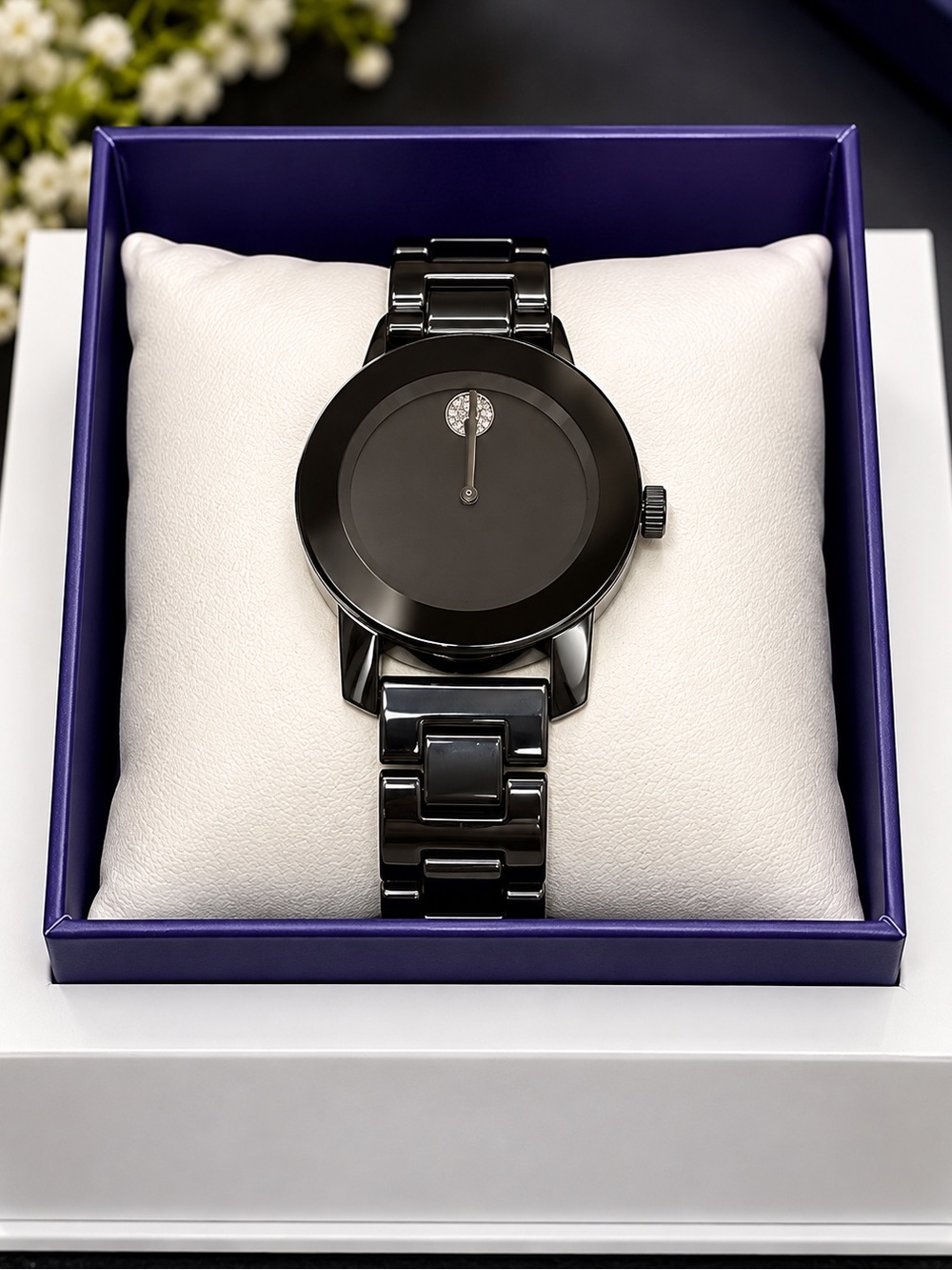 Movado  Black Stainless Steel Link Watch with Minimalist Dial